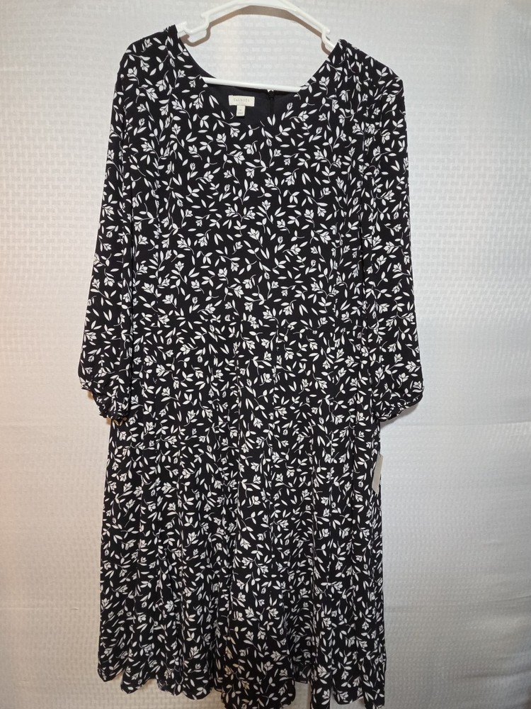 NWT Talbots Women’s 16 Black White Floral Midi Dress 3/4 Sleeve Lined NWT