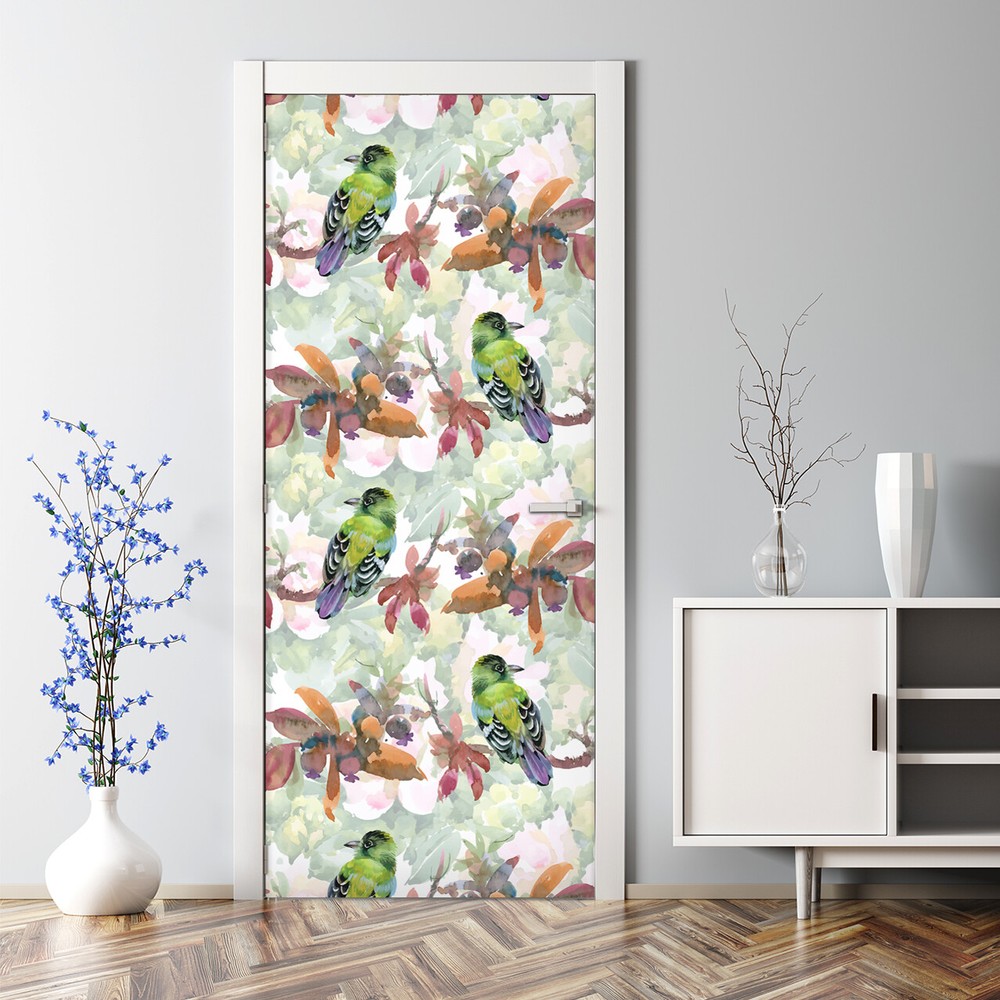 Exotic birds Bubble Free Door sticker green mural Self Adhesive Peel & Stick