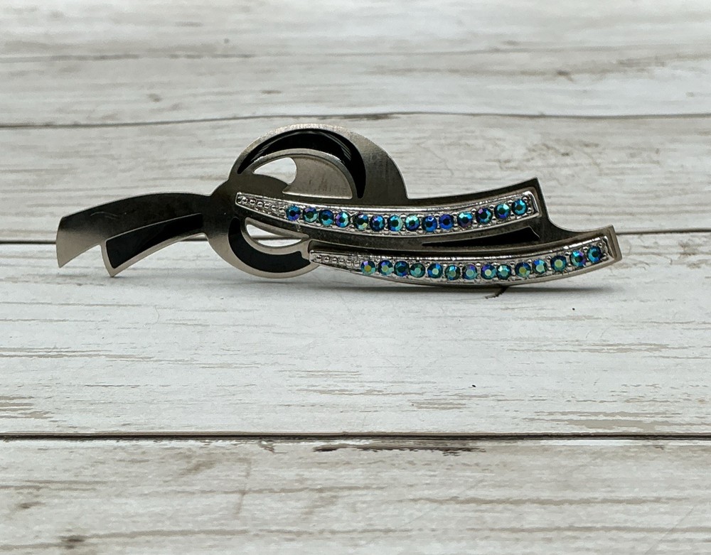 Vintage Edgar Berebi Silver-Tone Modernist Abstract Brooch with Blue Rhinestones