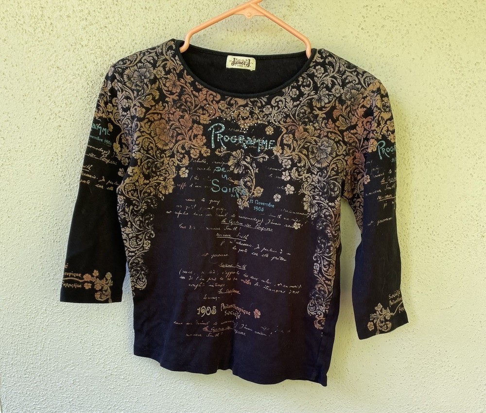 Jamee J. Black Gold Blue Floral Script Knit 3/4 Sleeve Round Neck Top Women's L