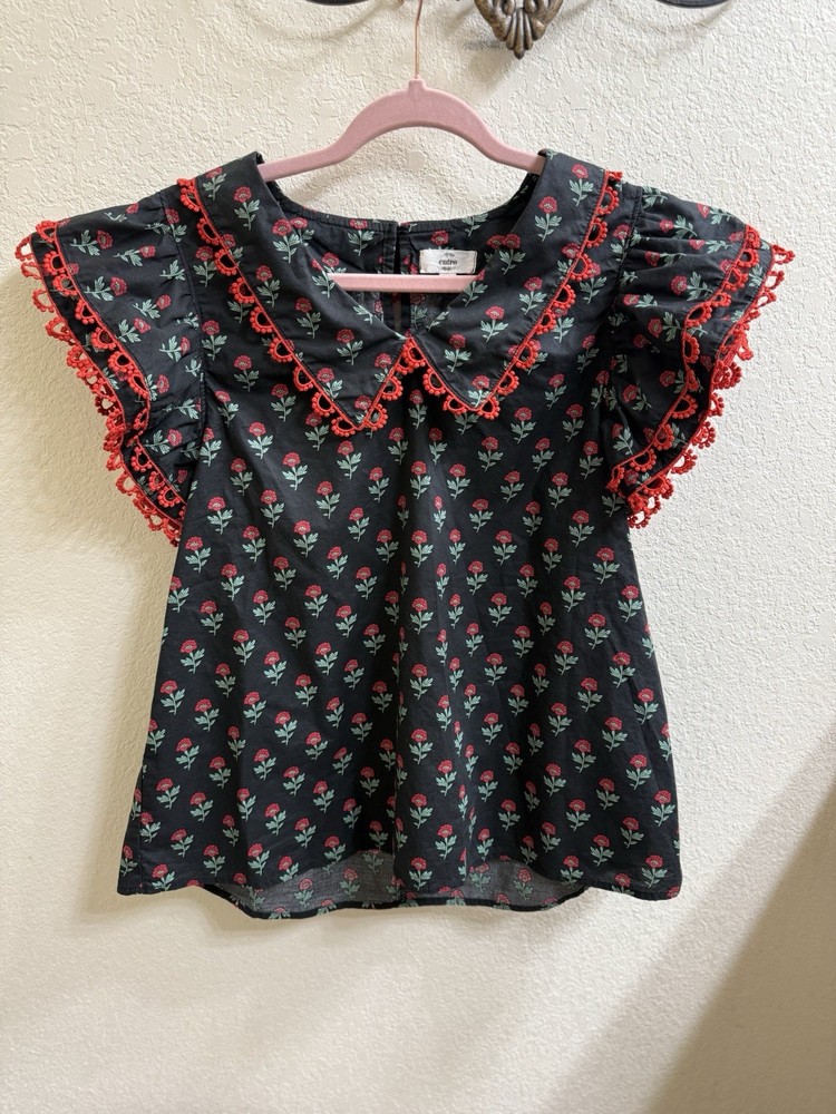 Women’s Cute Black & Red Floral Print Top W/ Red Laced Cap Sleeves Size M EUC