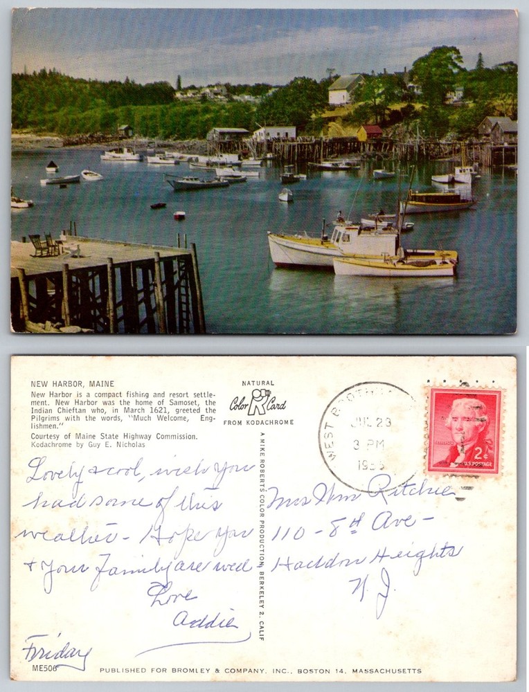 New Harbor, Maine Fishing Village Boats Harbor Vintage Postcard 1956