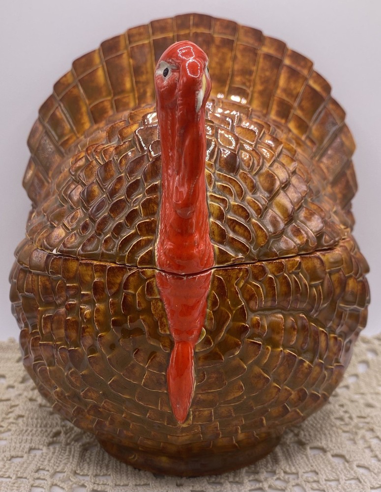 Vintage Handpainted Ceramic Thanksgiving Turkey Candy Cookie Storage Jar MCM