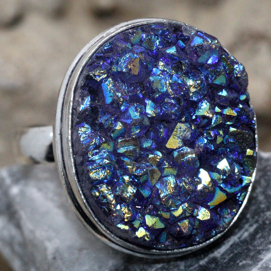925 Silver Plated Purple Titanium Druzy Ethnic Ring Jewelry Size US 10 JW