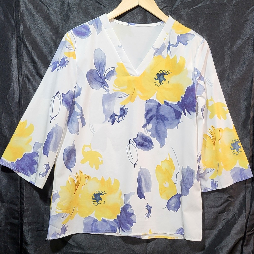 Womens Floral V-Neck Blouse 3/4 Sleeve Yellow Blue White Size M