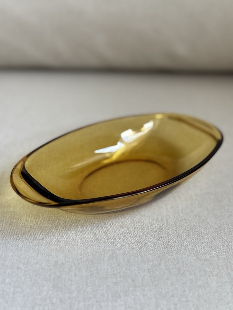 Vereco France Mid Century Modern Amber Glass Oval Bowl Retro MCM Dish 7.5”