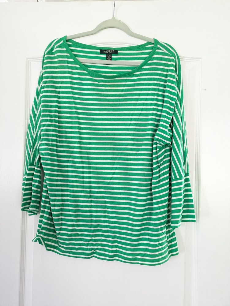 Lauren Ralph Lauren LRL Top White Green Striped Modal Cotton 3/4 Sleeve Tee