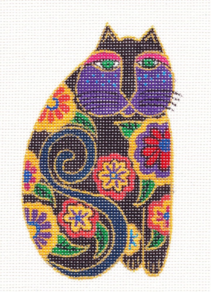 SO ~ Handpainted Floral Black Cat & STITCH GUIDE Needlepoint Canvas Laurel Burch