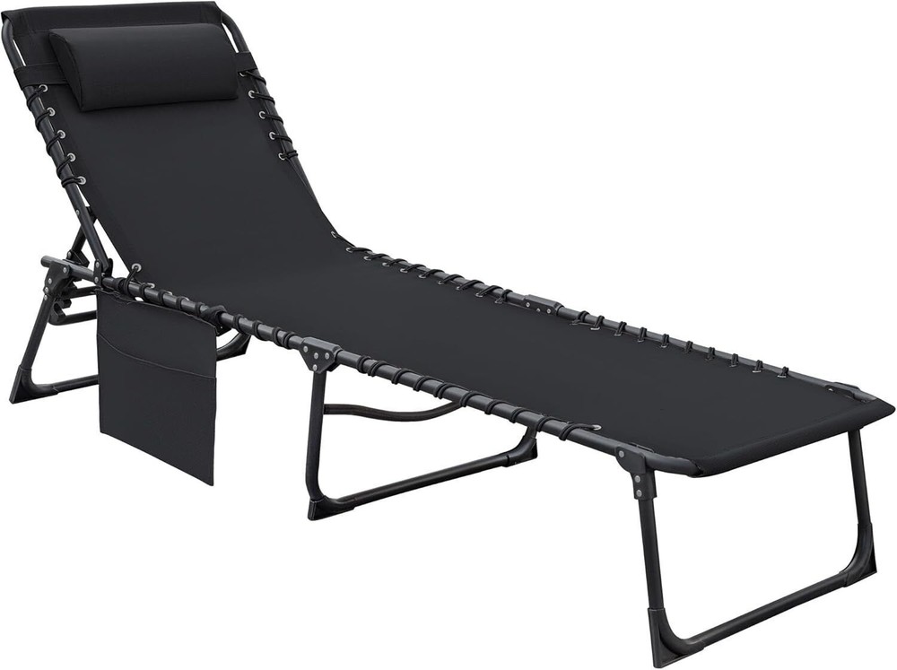 5-Position Foldable Chaise Lounge Chair with Side Pocket for Tanning  