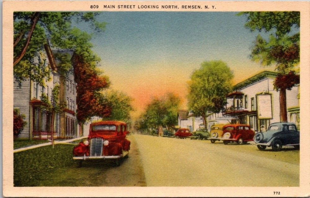 Remsen NY Main Street Looking North Vintage Cars Linen Postcard Standard Supply