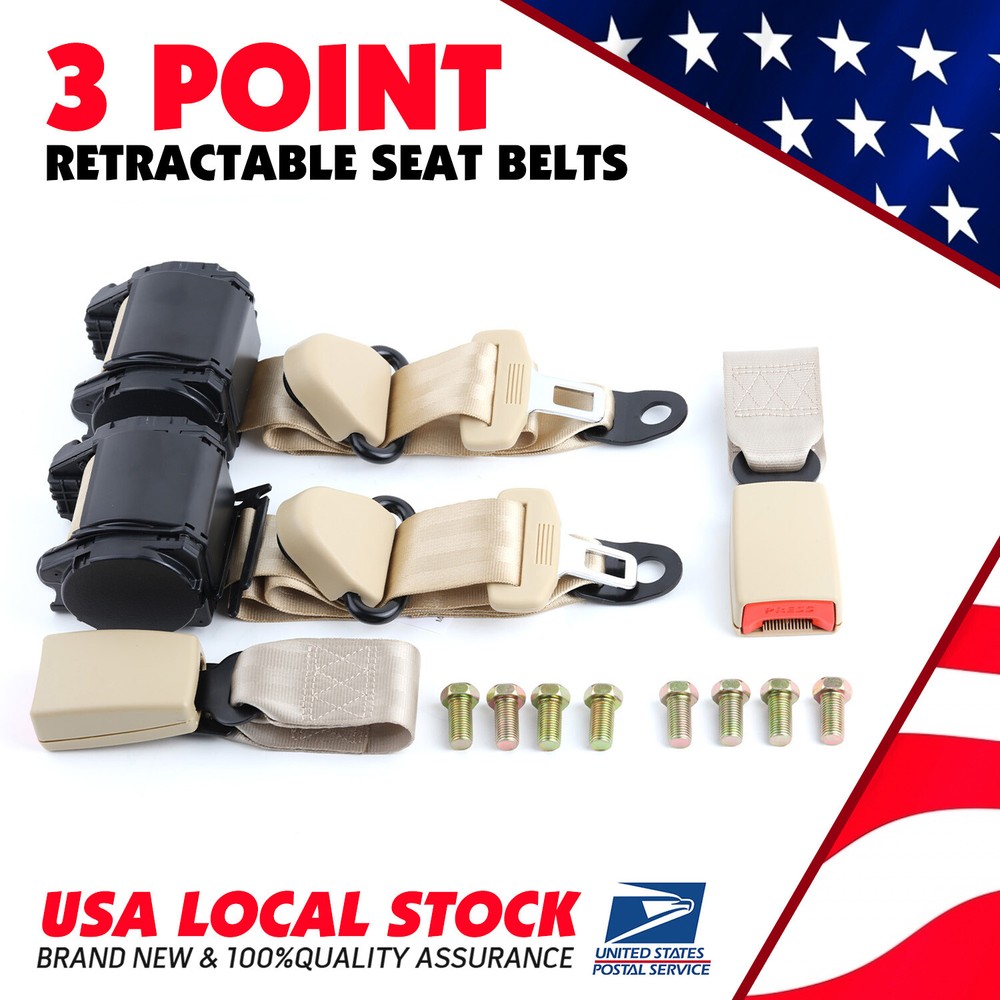 2Sets 3 Point Fixed Replace Belt Lap Strap Seat Belt Retractable Beige Universal
