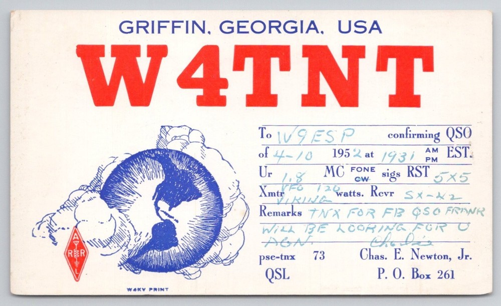 1952 Griffin, GA W4TNT QSL Card Amateur Radio Ham Operator