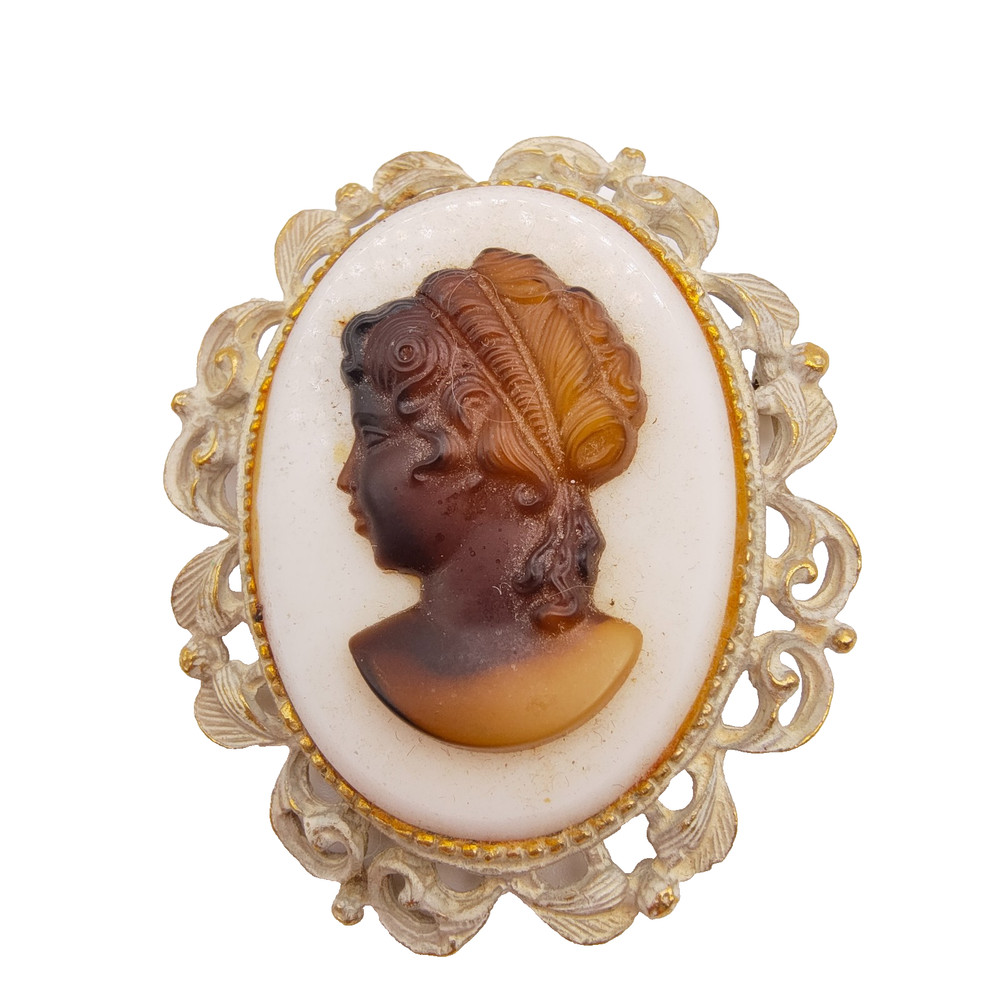 Vintage Cameo Brooch Gold Tone White Painted Filigree Rootbeer on Milk Glass