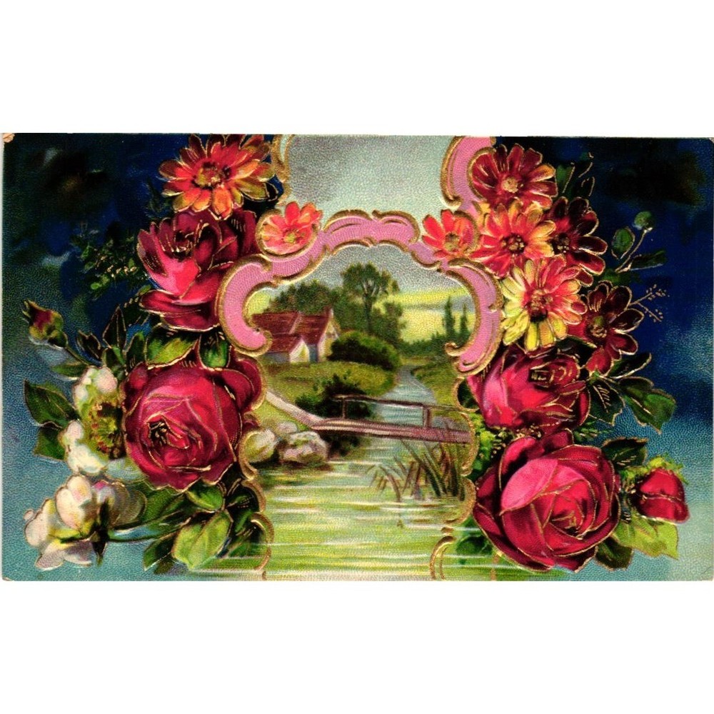 Antique 1908 Embossed Postcard Red Roses Floral Landscape Gilt Germany Postmark