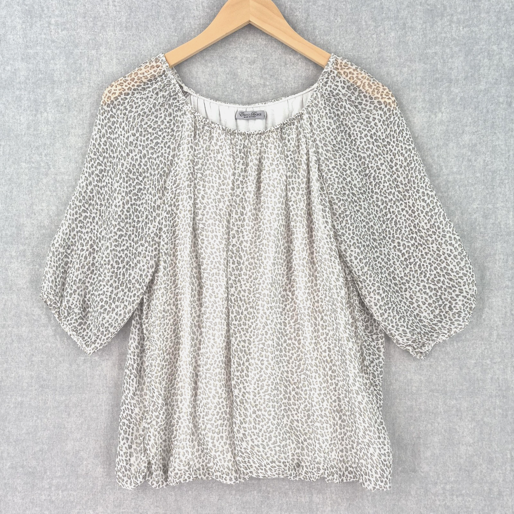 Womens 100% Silk Boho Artisan Blouson Animal Print Small Sheer Lined Top Italy