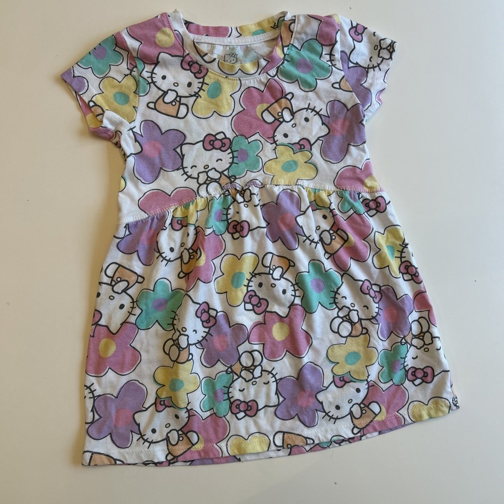 Girl's  Sanrio Hello Kitty Cotton Blend Short Sleeve Dress Floral Play XS
