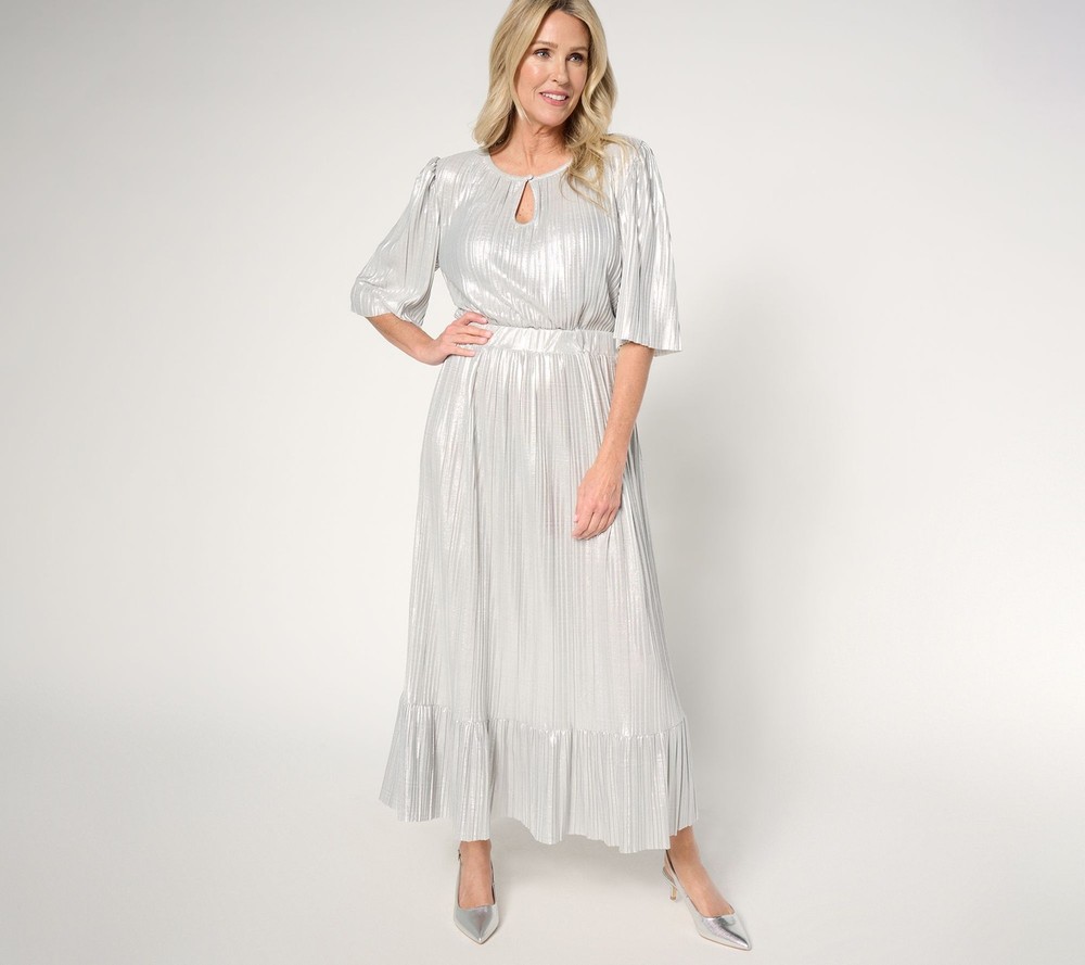 by Stacy London Women's Plus Sz Dress 1X Regular Metallic Plisse Gray A671329
