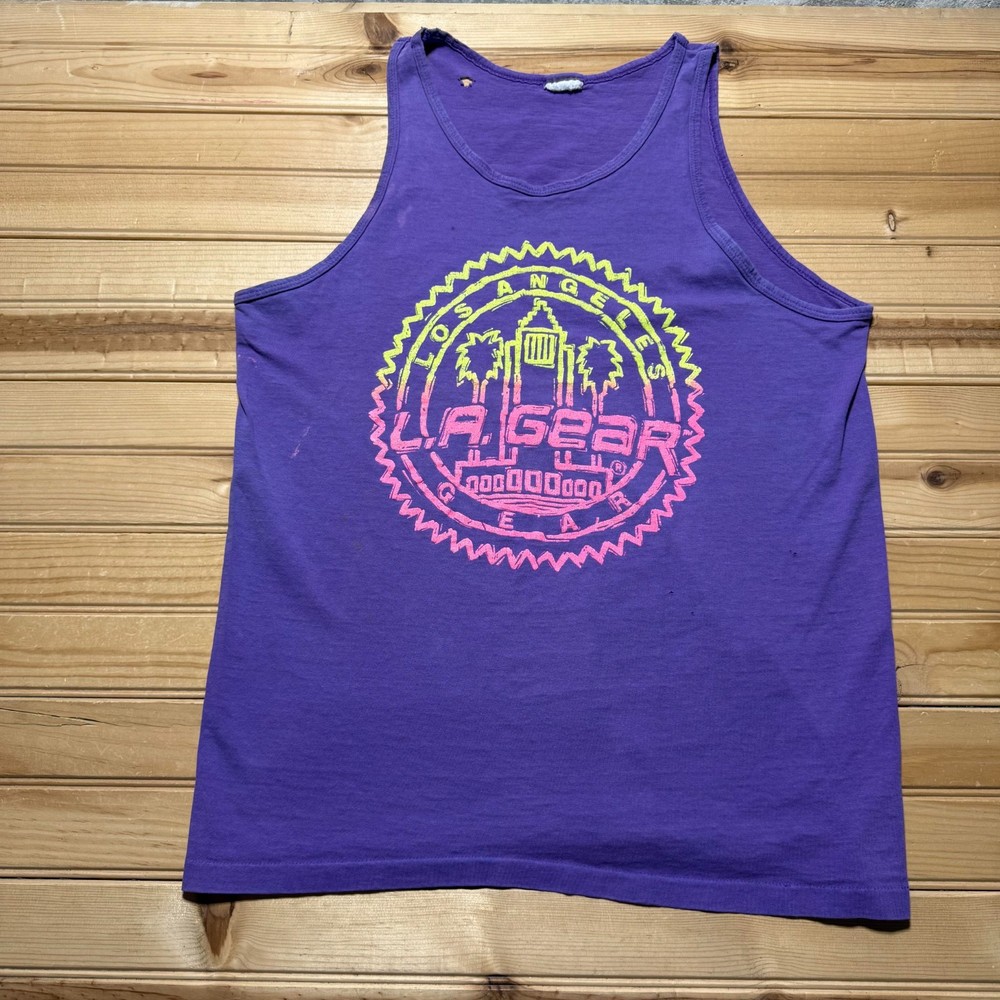 Vintage 80s L.A. Gear Los Angeles Neon Logo Sleeveless Graphic Tank Top - Large