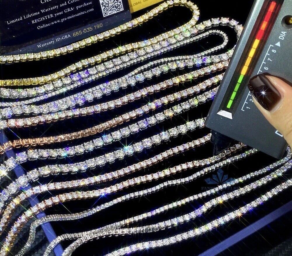 Iced Out VVS1 Moissanite Tennis Necklace in 925 Silver Gold Plated GRA Certified