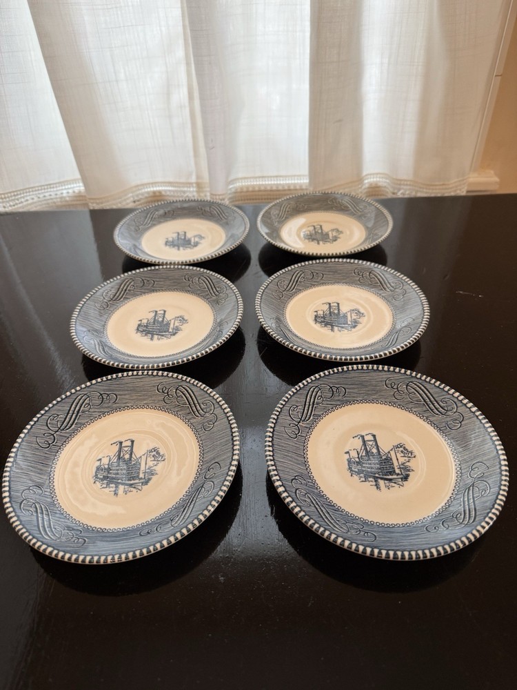 Vintage Currier And Ives  6” Steamboat Blue And White Saucers  (6)