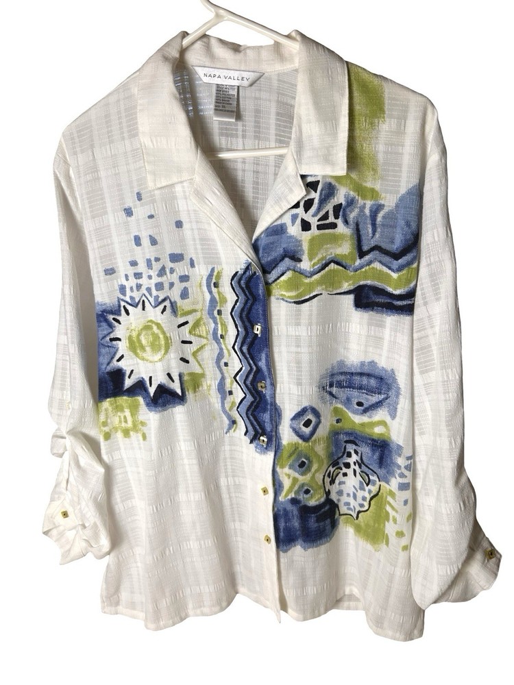 VTG Napa Valley Geometric Shirt Women Sz XL White Button Up Lightweight Roll Tab