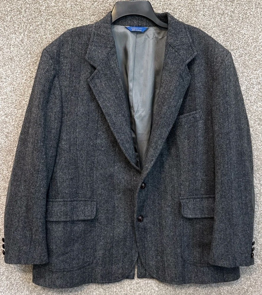 Vintage Pendleton Blazer Mens 46 Gray Wool Herringbone Elbow Patch Coat Jacket