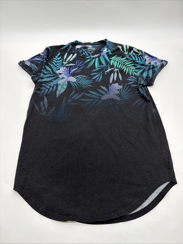 Hollister Must Have Collection Curved Hem Tee T-shirt Men M Black Floral.#39144
