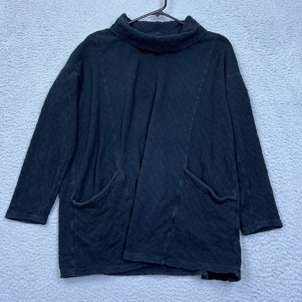 J Jill Sweater Womens XL Black Tunic Cowl Neck Crinkle Textured Pocket Pure Jill