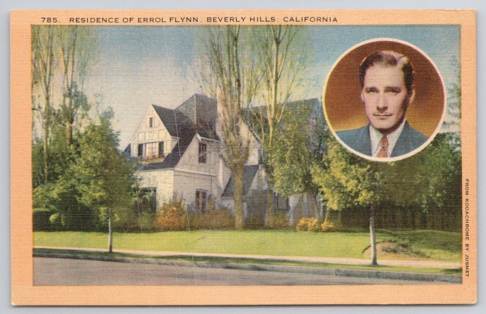 Errol Flynn Residence Beverly Hills CA Linen Postcard 1930s Hollywood Star