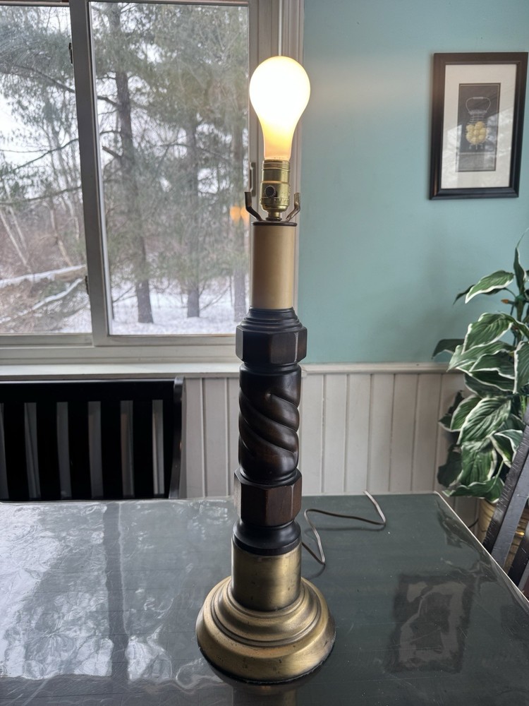 mid-century modern walnut and brass barley twist table lamp