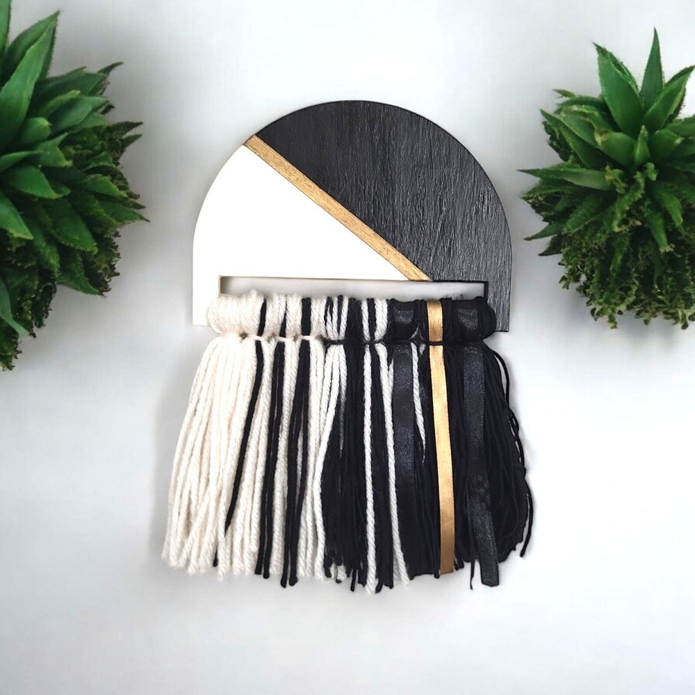 Handmade Wall Hanging Art Fringed Arched Wood and Fiber Art Modern Contemporary