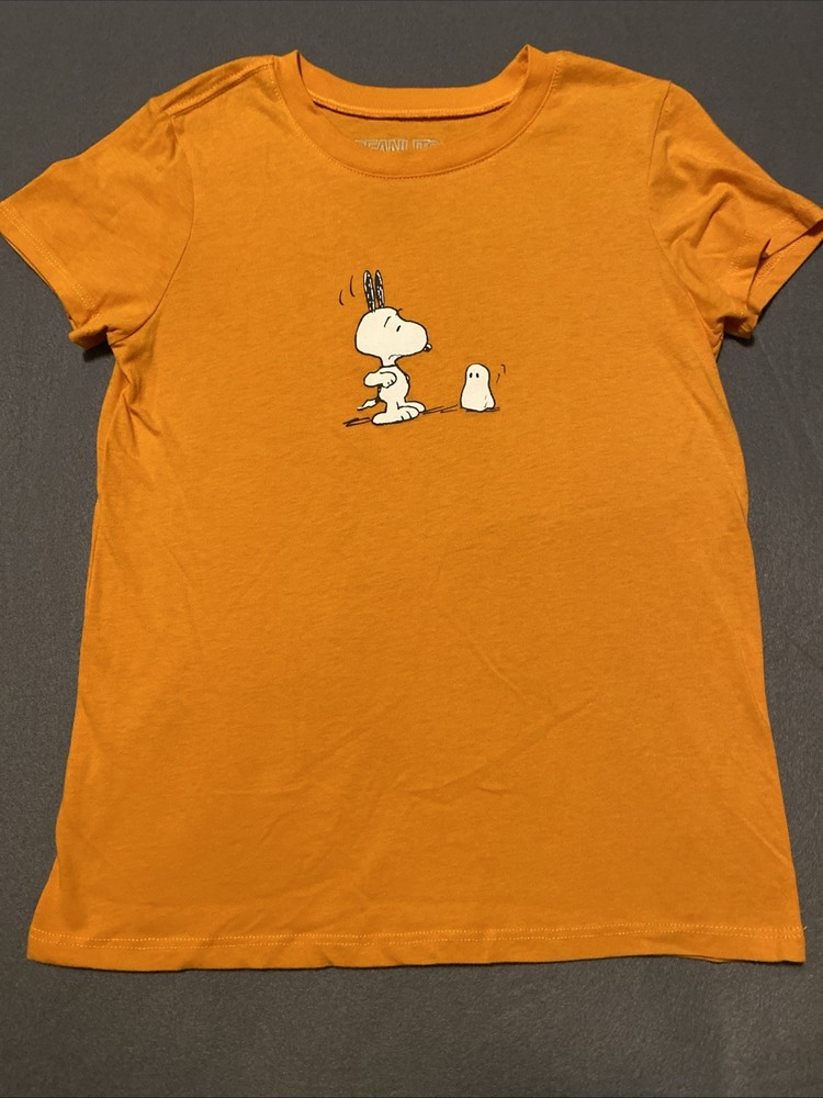 Peanuts Womens Orange Snoopy Dog Ghost Halloween Tee Shirt T-shirt Size Small