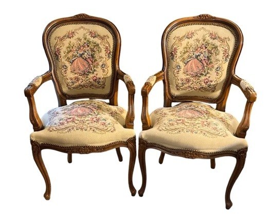 Vintage Pair of Italian Louis XV Style Armchairs - Needlepoint Courting Scene -