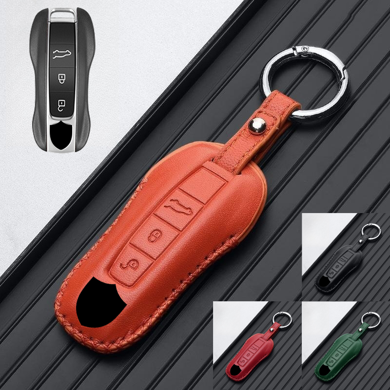 Genuine Leather Car Key Case Cover For Porsche Cayenne Panamera 911 Macan Taycan