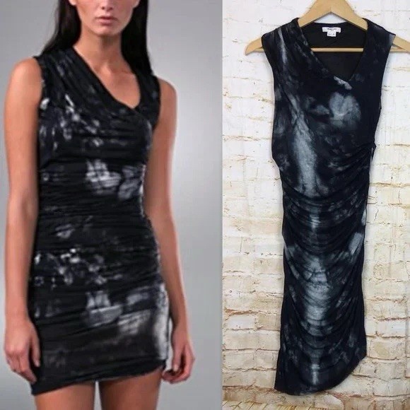Helmut Lang Ruched Skull Print Bodycon Mini Dress Womens S Modal Black