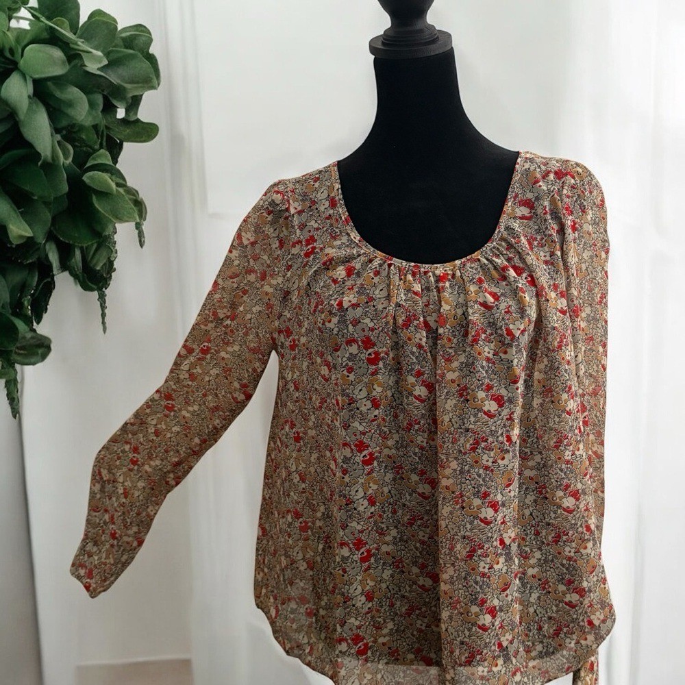 Boho Ditsy Floral Peasant Blouse Sheer Cottagecore Flowy Top Size S Long Sleeve