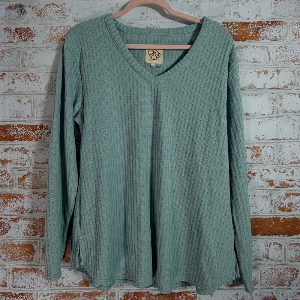 Chaser Waffle Knit V-Neck Top Womens Large Sage Green Long Sleeve Shirt