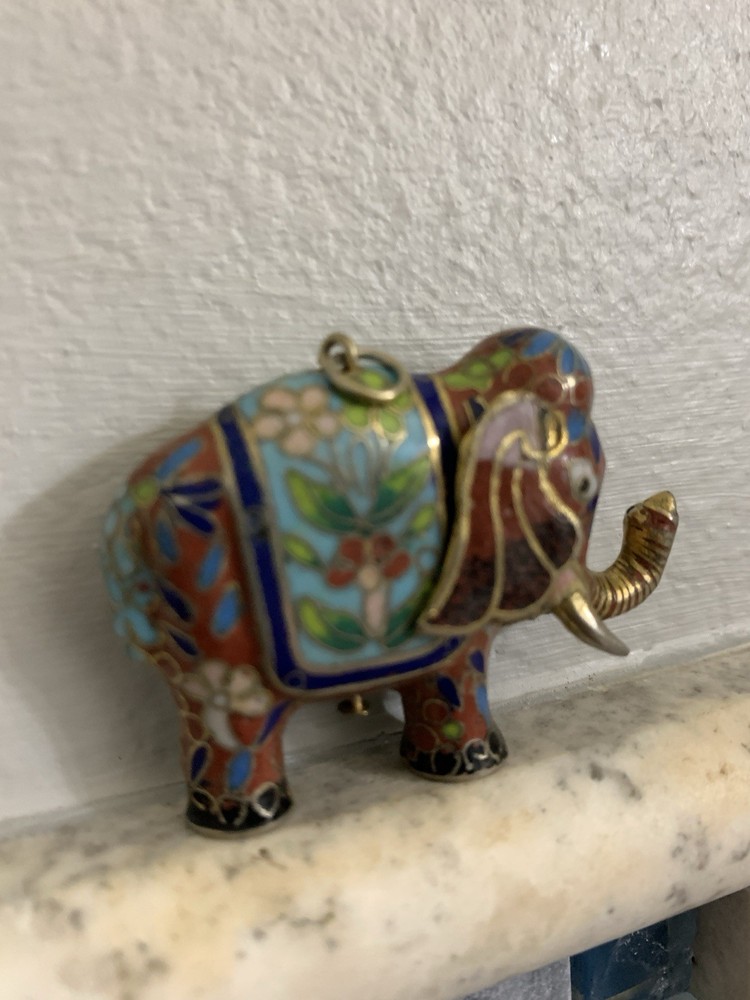 Vintage Enamel Cloisonné Blue Elephant Trunk Up Pendant