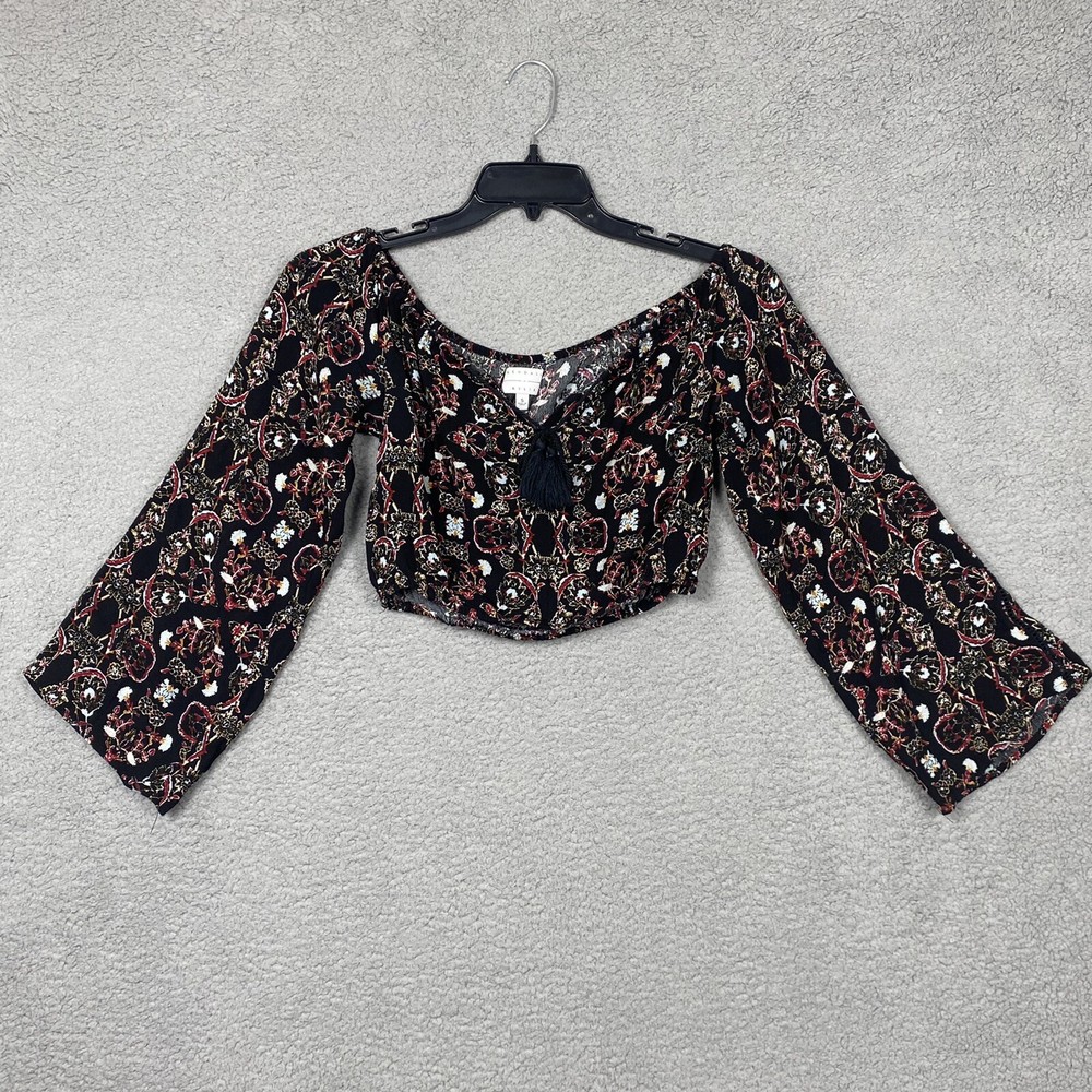 Kendall + Kylie Womens Size Small Black Floral Off Shoulder Crop Top