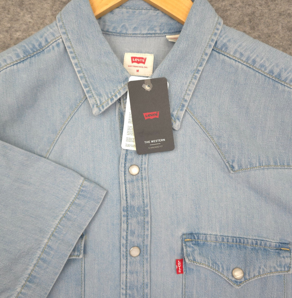 Levis Western Shirt Mens Med Blue Denim Pearl Snap Short Sleeve Dual Pockets NWT