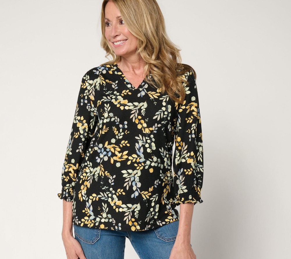 Denim & Co. Women's Top Sz L Printed Heavenly Jersey V-Neck Black A703337