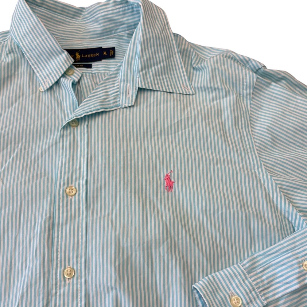 Polo Ralph Lauren Button Down Shirt XL Slim Fit Light Blue White Striped Cotton