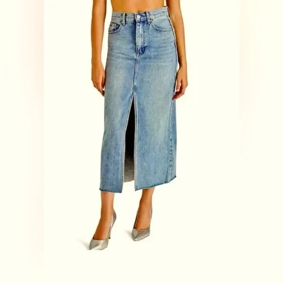 Rebecca Minkoff Long Denim Front Slit Midi Skirt Size 10 Medium Wash