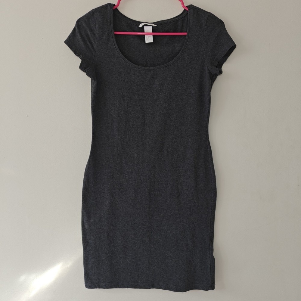H & M Basic Size Small Mini Bodycon Dress Charcoal Gray Round Neck Short Sleeve