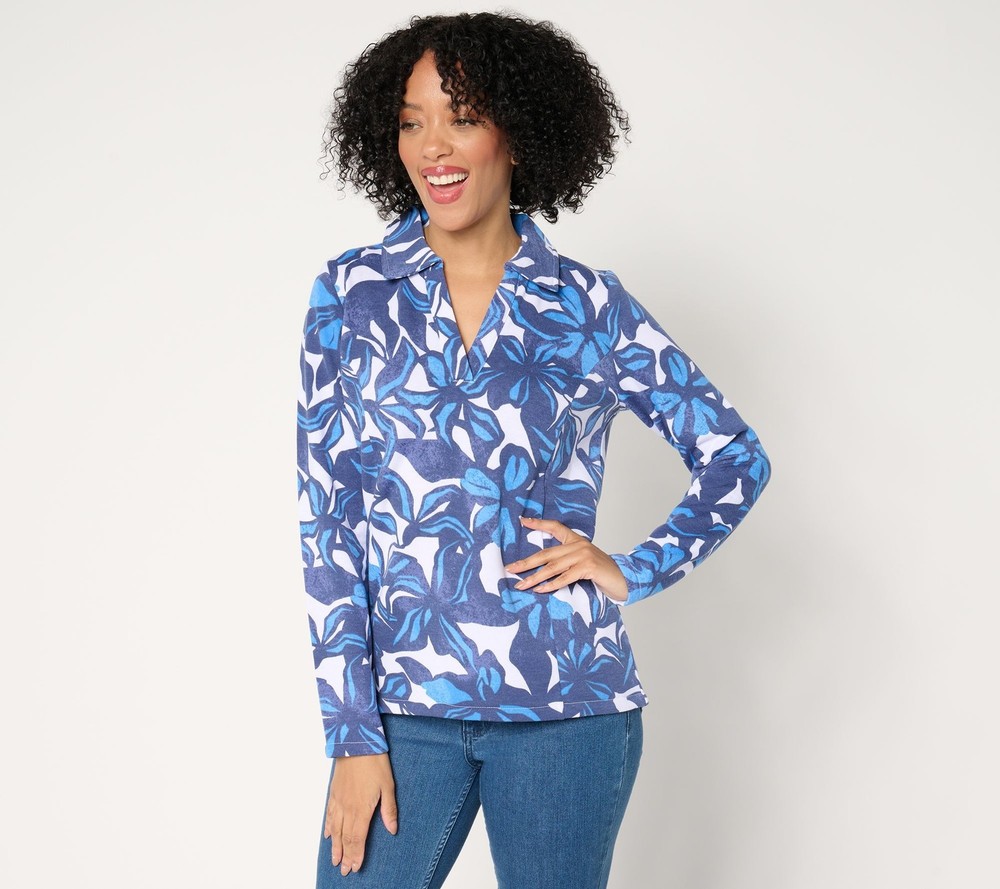 Susan Graver Women's Top Sz XL Printed Fleece Back Knit Pullover Blue A676834