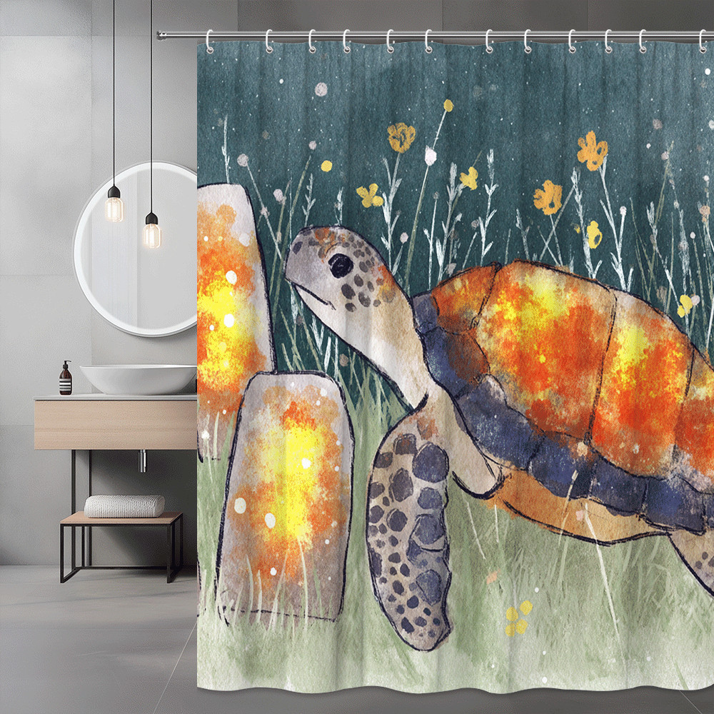 Sea Turtle Shower Curtain Watercolor Ocean Floral Print