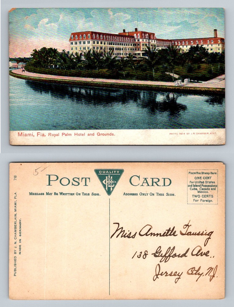 Miami, FL-Florida, Royal Palm Hotel and Grounds Waterfront View Vintage Postcard