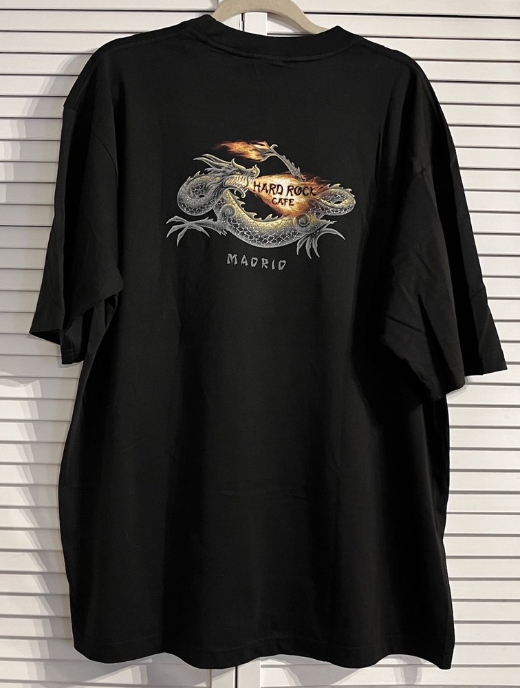 Vintage 90s Hard Rock Cafe Madrid Dragon T-Shirt XXL Black Graphic 100% Cotton