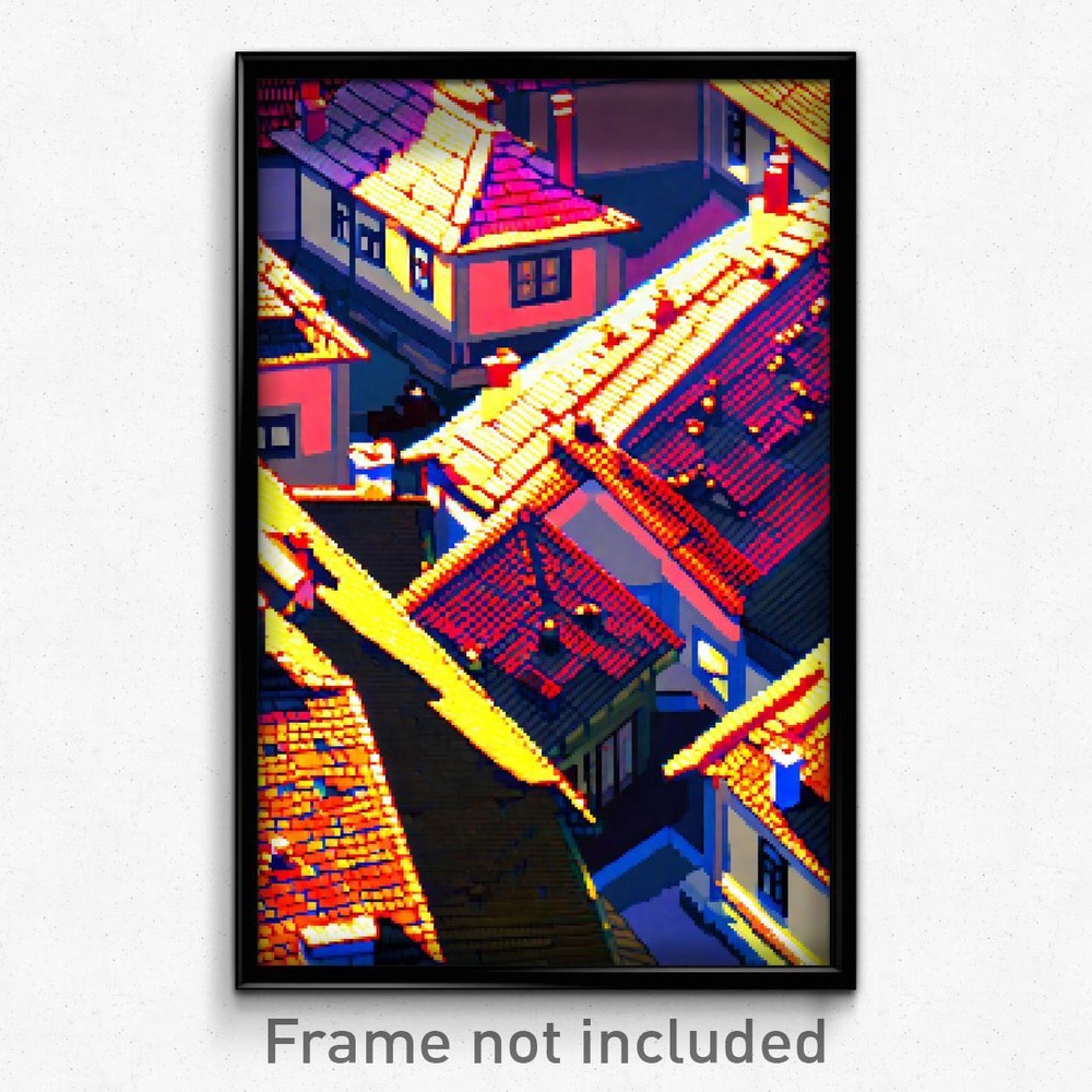 Pixel Art Poster - Detailed Rooftops (8 Bit Psychedelic Trippy Video Game Print)