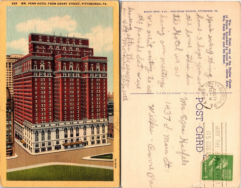 Wm Penn Hotel Grant Street Pittsburgh Pennsylvania PA Postcard